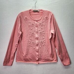 Croft & Barrow Cardigan Womens L Pink Floral Embroidered Button Sweater Feminine
